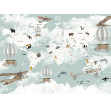 Wereldkaart met dieren, vliegtuigen en luchtballonnen als decoratie