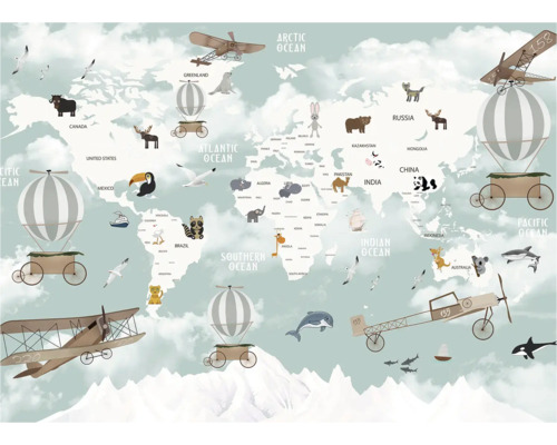 Wereldkaart met dieren, vliegtuigen en luchtballonnen als decoratie