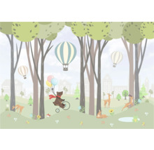 Illustratie van een bosscène met beer op fiets, luchtballonnen en herten