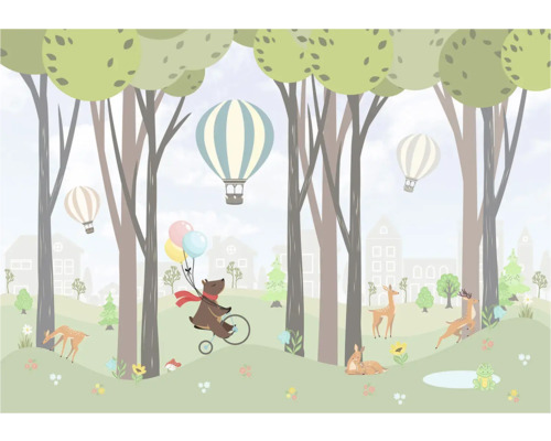 Illustratie van een bosscène met beer op fiets, luchtballonnen en herten