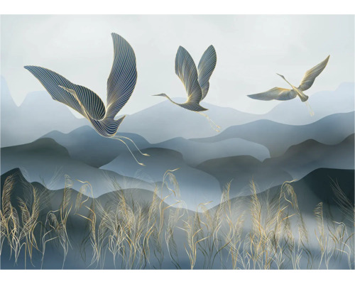 Decoratief wandbehang met kraanvogels en grassen voor een berglandschap