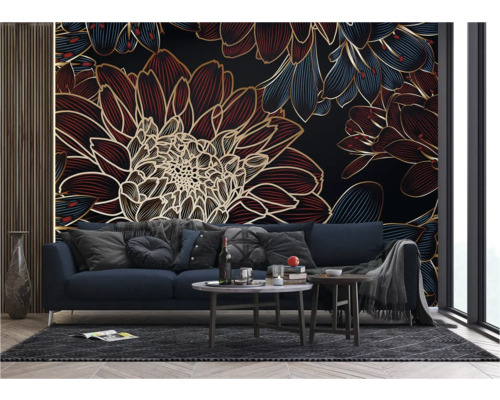 Woonkamer met bank en bloemen fotobehang