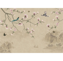 Behang met kersenbloesems, vogels, vlinders en berglandschap