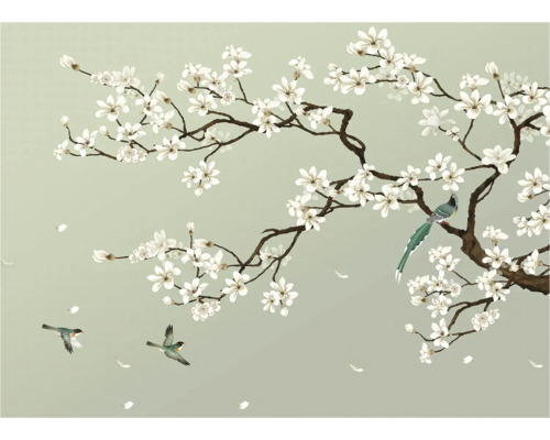 Behang met bloeiende takken en vogels