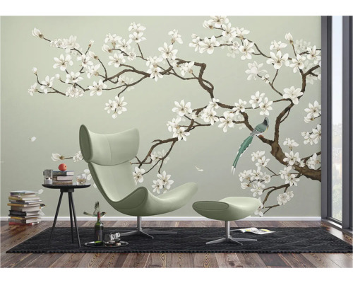 Woonkamer met bloeiende boom muursticker, fauteuil en bijzettafel