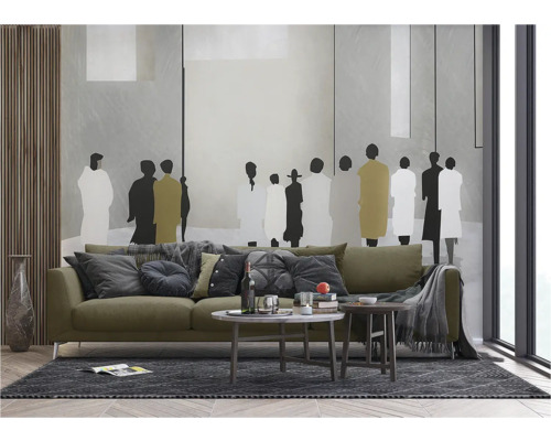 Moderne woonkamer met bank, salontafels en decoratieve wanddecoratie