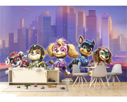 Fotobehang met Paw Patrol-motief in een kinderkamer