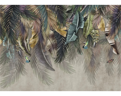 Behang met palmenblad-, bananenblad- en vogelpatroon