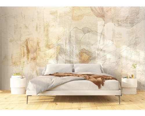 Slaapkamer met bloemenfotobehang en tweepersoonsbed