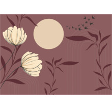 Decoratieve illustratie met bloemen, bladeren en een zwerm vogels
