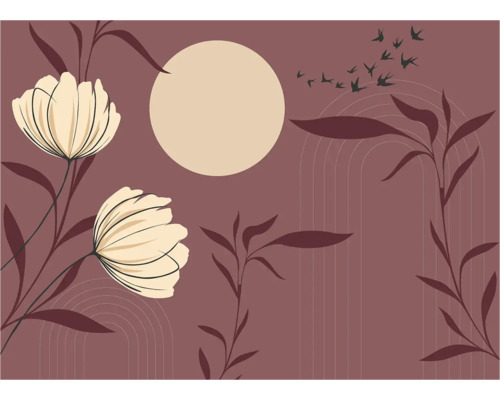 Decoratieve illustratie met bloemen, bladeren en een zwerm vogels