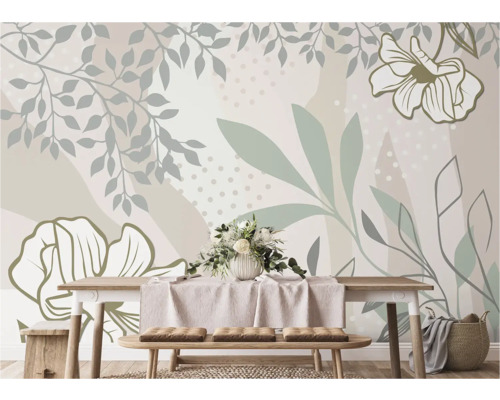 Woonkamer met fotobehang met plantmotieven, eettafel en zitbank