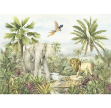 Illustratie van een jungle-tafereel met olifant, leeuwen, papegaai en tropische vegetatie