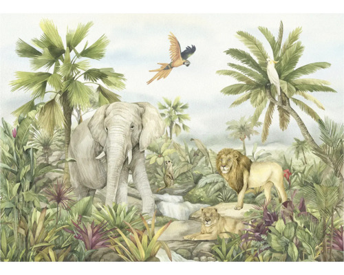 Illustratie van een jungle-tafereel met olifant, leeuwen, papegaai en tropische vegetatie
