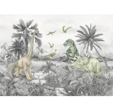 Decoratief fotobehang met illustraties van dinosaurussen en palmbomen