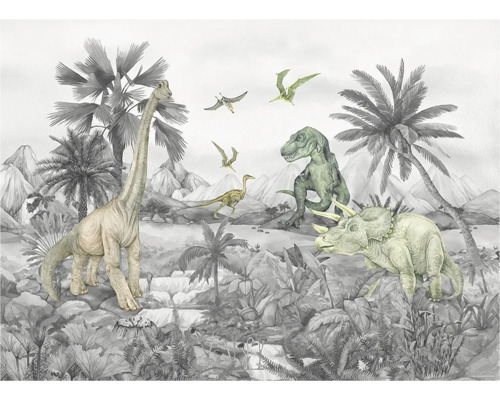 Decoratief fotobehang met illustraties van dinosaurussen en palmbomen