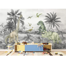 Scene met een kinderkamerbehang met dinosaurusmotieven en speelgoed op een plank.