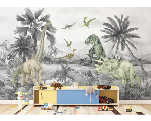 Scene met een kinderkamerbehang met dinosaurusmotieven en speelgoed op een plank.