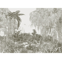 Illustratie van een weelderige tuin met tropische planten en bomen