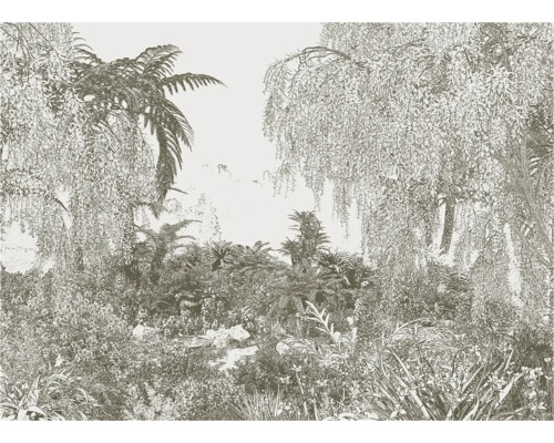 Illustratie van een weelderige tuin met tropische planten en bomen