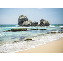 Kustlandschap met rotsen in de zee en zandstrand