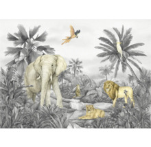 Decoratief junglebehang met olifant, leeuw, stokstaartje en papegaai