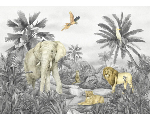 Decoratief junglebehang met olifant, leeuw, stokstaartje en papegaai