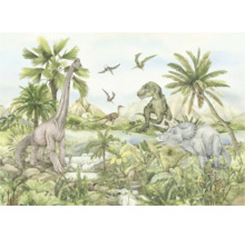 Illustratie van een dinosaurusscène met Brachiosaurus, Tyrannosaurus Rex, Triceratops en vliegende reptielen in een tropische omgeving