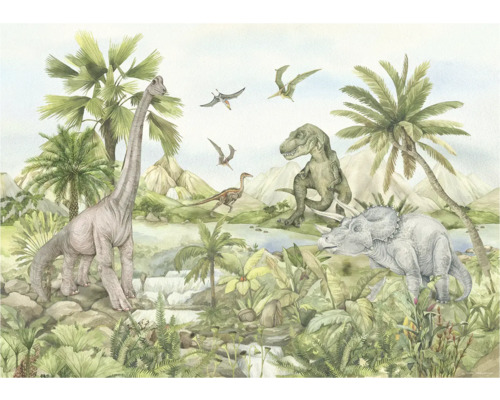 Illustratie van een dinosaurusscène met Brachiosaurus, Tyrannosaurus Rex, Triceratops en vliegende reptielen in een tropische omgeving