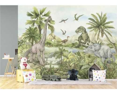 Dinosaurus fotobehang in kinderkamer met Brachiosaurus, Tyrannosaurus en Triceratops