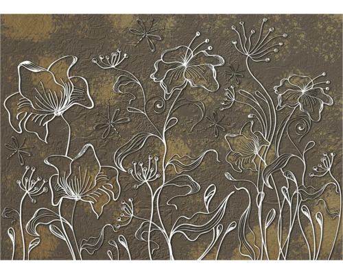 Behang met bloemmotief en libellenmotieven