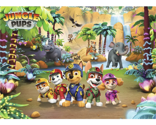 Jungle Pups illustratie met Paw Patrol karakters, jungle en waterval