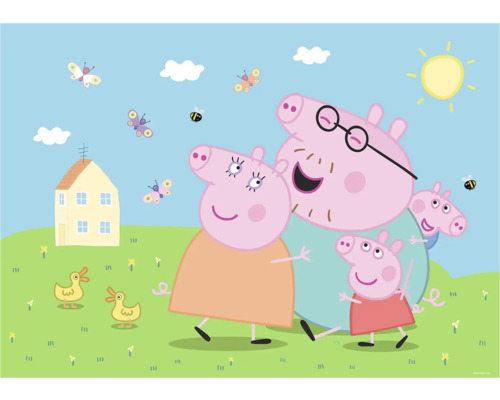 Illustratie van een Peppa Pig-familie in een landelijke scène met huis, eenden en insecten