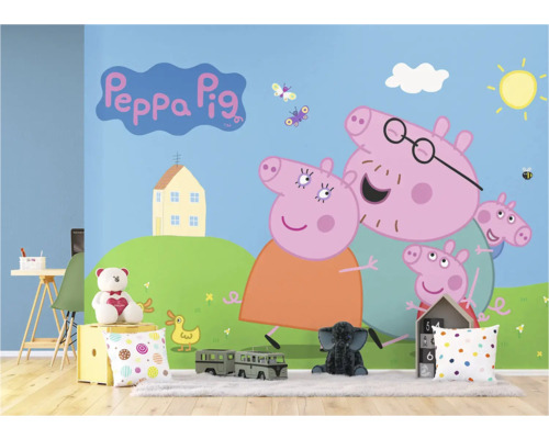 Kinderkamer met muurschildering van Peppa Pig en speelgoed