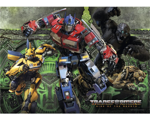 Transformers Rise of the Beasts poster met Bumblebee, Optimus Prime en een gorilla