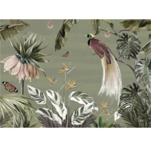 Illustratie met een paradijsvogel, tropische bloemen en bladeren