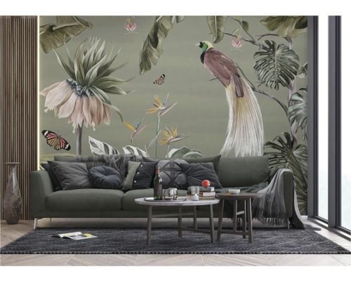 Woonkamer met fotobehang met vogel- en plantmotieven