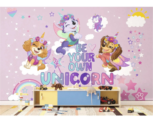 Kinderkamer met muursticker met Paw Patrol-personages als eenhoorns