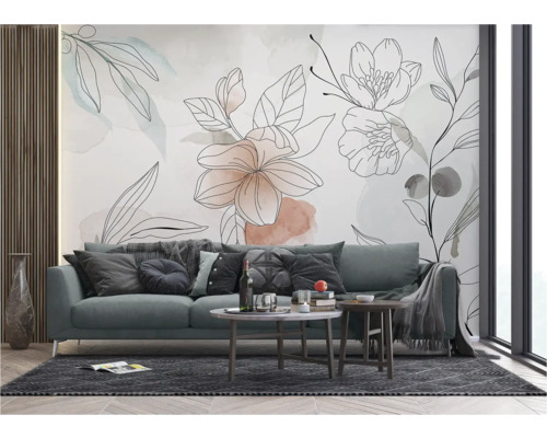 Woonkamer met bank, salontafels en bloemenbehang voor een moderne woonomgeving