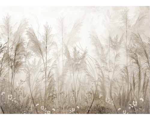 Decoratief behang met grassen en bloemenpatroon voor een natuurlijke kamerinrichting.