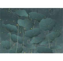 Decoratief behang met blauwe bladeren en abstracte gouden accenten