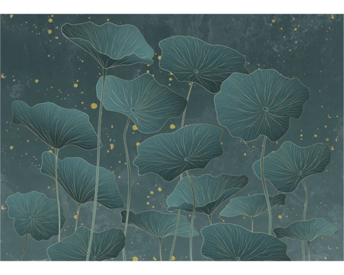 Decoratief behang met blauwe bladeren en abstracte gouden accenten