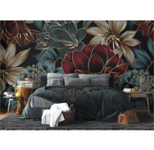 Slaapkamer met fotobehang met bloemmotief, bed, nachtkastjes en vloerkleed