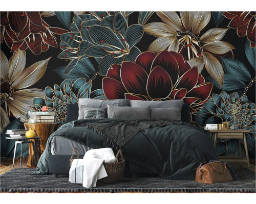 Slaapkamer met fotobehang met bloemmotief, bed, nachtkastjes en vloerkleed