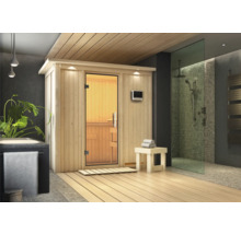 Houten sauna met glazen deur en douchegedeelte