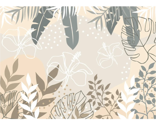 Illustratie met tropische bladeren en hibiscusbloemen