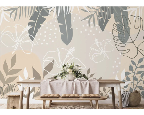 Woonkamer met bloemen fotobehang, eettafel en zitbank