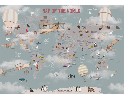 Geïllustreerde wereldkaart met dieren, vliegtuigen en ballonnen