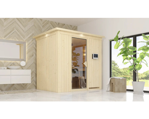 Moderne badkamerscène met een houten sauna, een wastafel en een spiegel