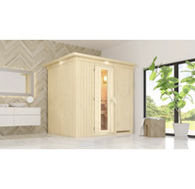 Houten sauna in een lichte badkamer met wastafel en spiegel